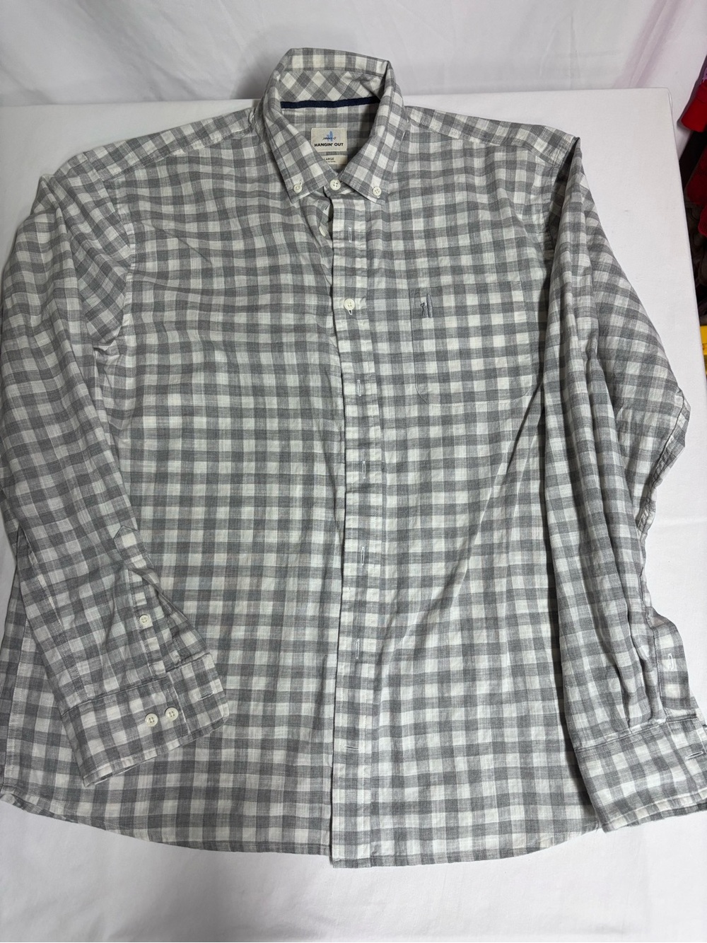 Johnnie-O Hangin’ Out Men’s Large Gray White Gingham 100% Cotton Button Down